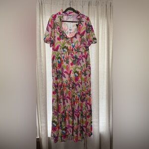 crown & ivy Pink Tropical Floral Ruffle Maxi Dress brand new with tags